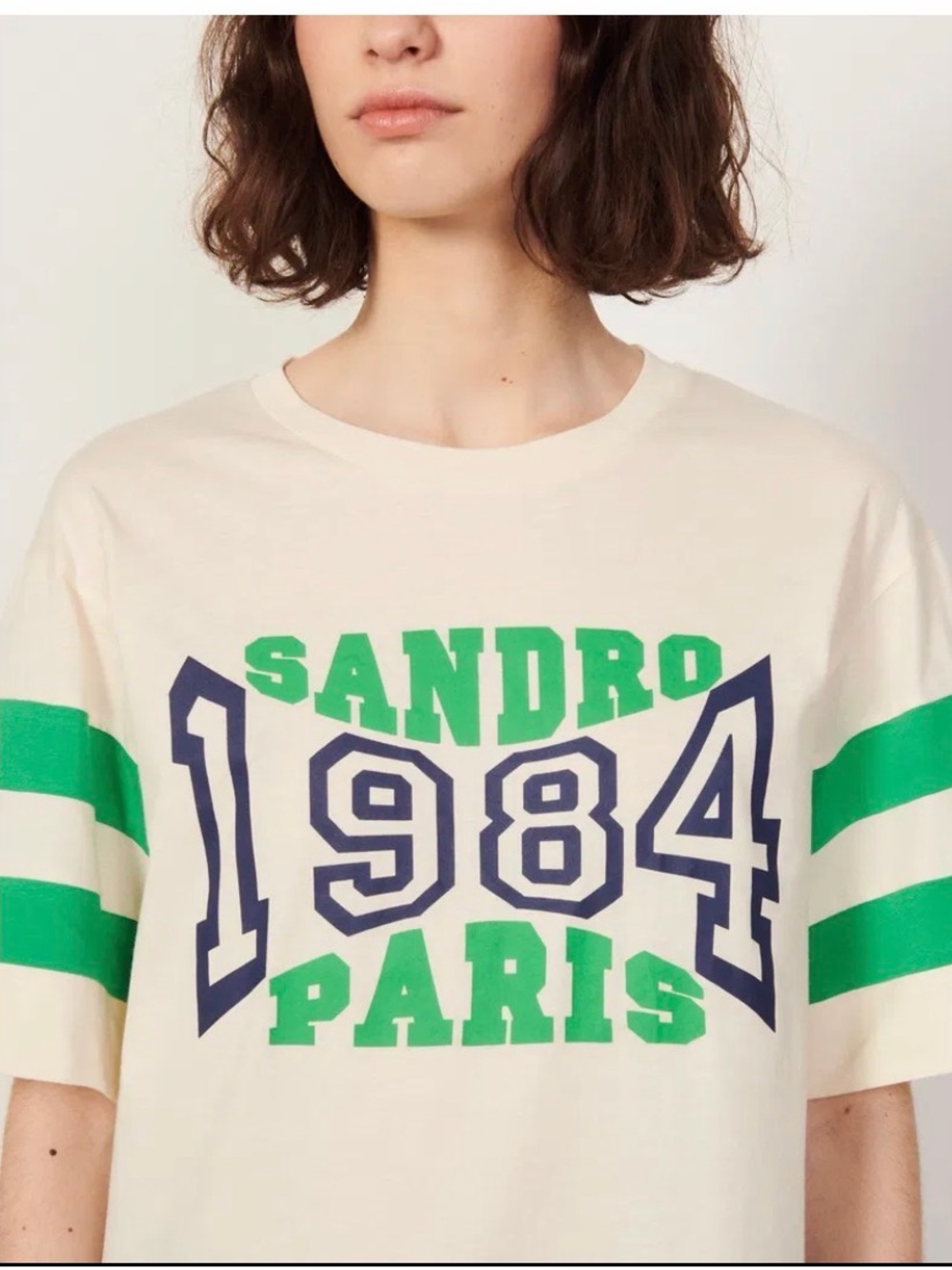 Sandro Cream Short Sleeve Tee with Green & Blue 1984 Graphic - Picture 4 of 15